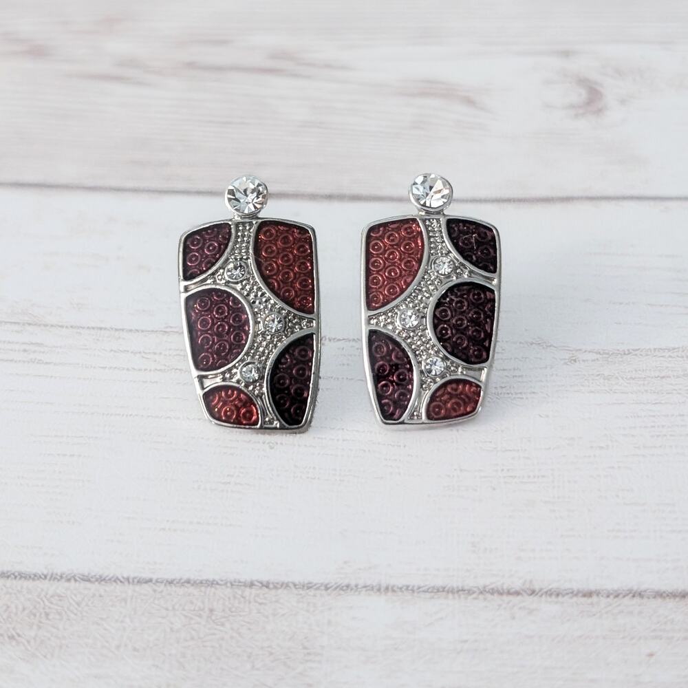 Vintage Stud Earrings Shades of Dark Red, Silver Tone, Clear Gems
